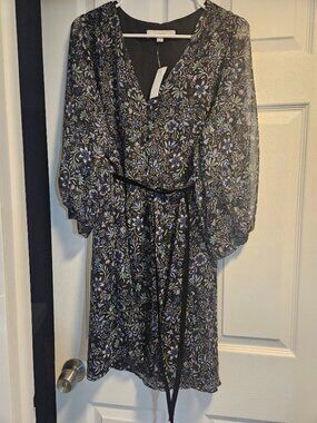 Loft Black Dress with Blue and Gold accent and Velvet belt NWT